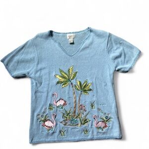Blue Knit Shirt with Flamingo and Palm Tree Design